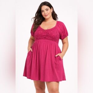 Torrid Fuchsia Lace Babydoll Mini Dress | Size 2 (2X) | Puff Sleeve Pocket Dress